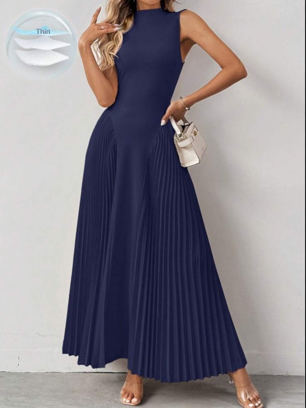 SHEIN Navy Pleated A-Line Maxi Dress